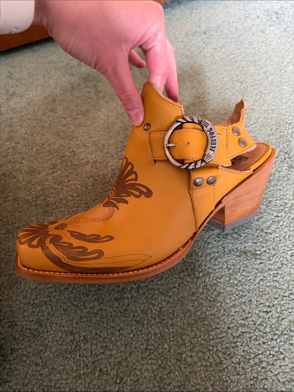 John Fluevog Mustard Leather Floral-Tooled Mule Clogs with Buckle - Picture 6 of 6